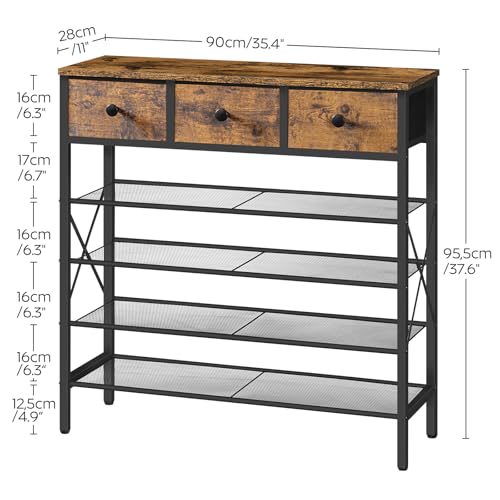 5-Tier Shoe Rack with 3 Drawers - Rustic Brown & Black, Metal & Wooden Storage Organizer