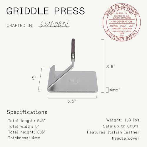 Made In Stainless Steel Grill Press with Removable Leather Handle Cover for Perfect Searing