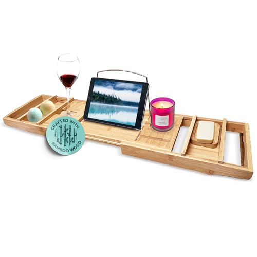Expandable Wooden Bath Tray for Tub – 43-Inch Bathroom Caddy with Storage Shelf