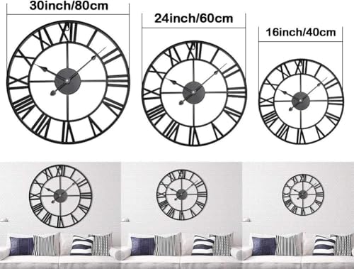 Black 30 Inch Large Roman Numeral Wall Clock - Antique Metal Decor, Waterproof Indoor Outdoor