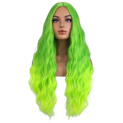 Green Ombre Neon Wavy Wig for Women Long Curly Synthetic Costume Hair - Adjustable