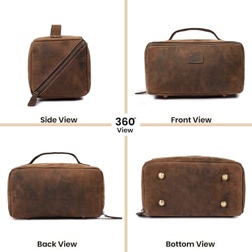 Distressed Brown Full Grain Leather Travel Cosmetic Bag for Women & Men