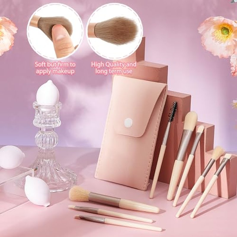 20 Pcs Travel Makeup Brush Set, 10 Mini Travel Brush Set with Bag and 10 Makeup Sponge Princess Party Favor Valentine's Day Gift for Women Home Party(Pink)