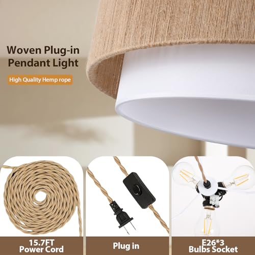 Buovikalo Brown & White Rattan Plug-In Pendant Light, 18” Boho Chandelier with Hemp Rope Shade