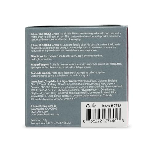 Johnny B. Street Hair Cream 3 oz - Matte Finish, Volumizing Pliable Hair Styling Cream (Pack of 1)