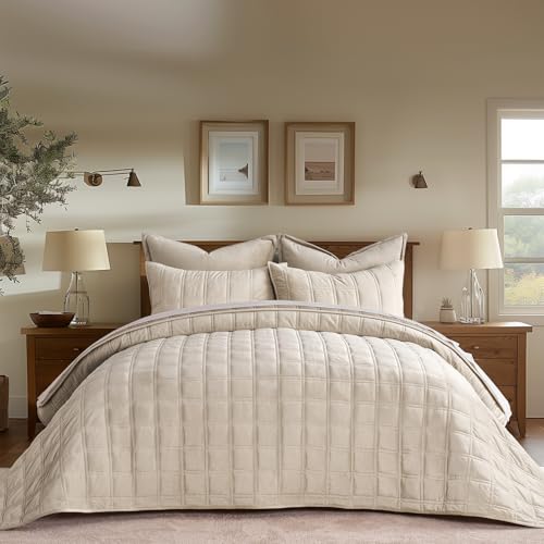 Double Box Stitch Velvet Quilt Set - King Beige Luxurious Bedding with Sham, Oversized