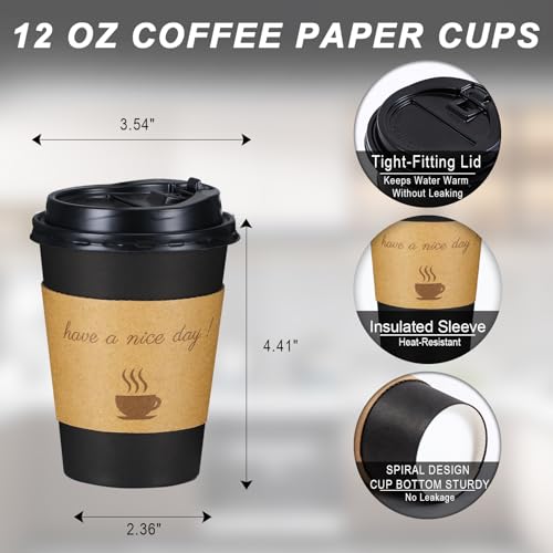 Lamosi 12oz Disposable Coffee Cups with Lids - Pack of 500, To-Go Paper Cups