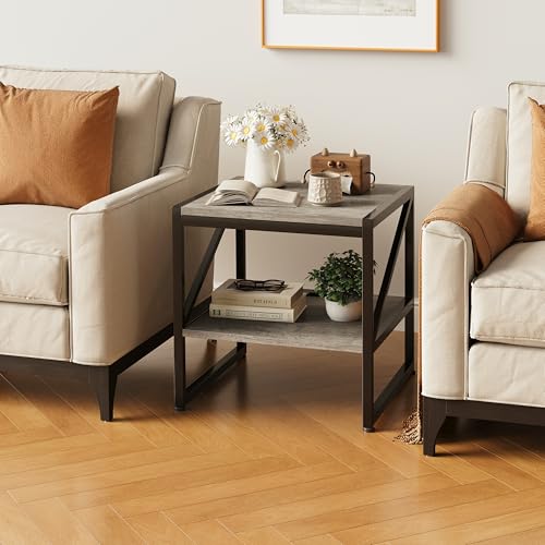 Mexin Square End Table with Charging Station 20in Printer Stand Grey Oak With USB