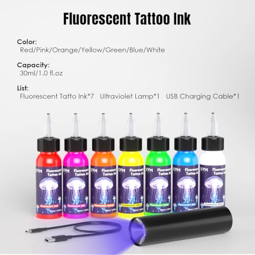 Fluorescent Tattoo Ink Set - 7 Vibrant Neon Colors, 30mL Bottles