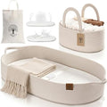 Baby Changing Basket with Diaper Caddy - Soft Waterproof Cover, Portable, Organic Cotton Rope - Soft Beige