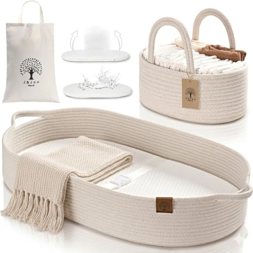 Baby Changing Basket with Diaper Caddy - Soft Waterproof Cover, Portable, Organic Cotton Rope - Soft Beige