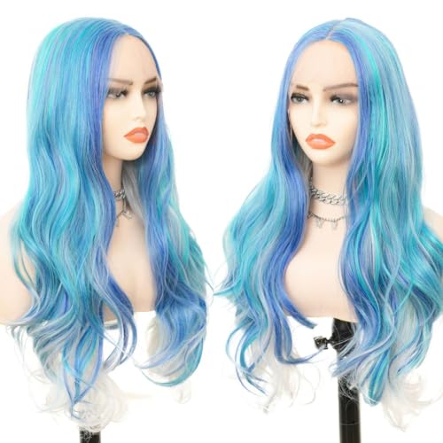 Blue Mermaid Lace Front Wig for Women - Curly Wavy Synthetic Cosplay Hair - Variation: Blue#2