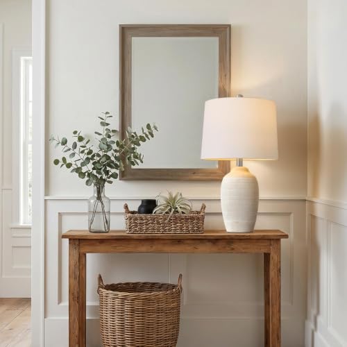 Retro Beige Ceramic Table Lamp with Pre-Attached Linen Shade - 24.5" Living Room Decor