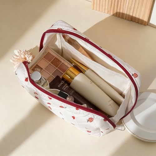TOPEAST Makeup Bag, Large Quilted Cosmetic Bag, Big Floral Make Up Bag for Women Girls, Cute Cotton Makeup Bag Set, Flower Travel Toiletry Organizer Bag, Zipper Portable Cosmetic Pouch