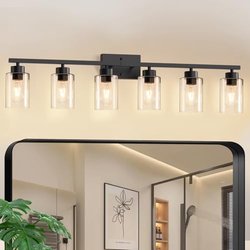 Bathroom Vanity Light Fixture - 6-Light Matte Black Wall Sconce with Clear Glass Shades