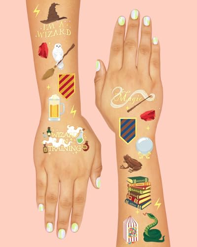 Wizard Party Temporary Tattoos - Gold Foil Kids Party Favors, 60 Designs, One Size Pack of 3