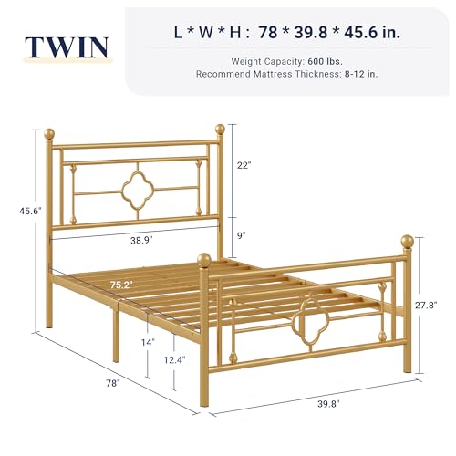 Twin Size Metal Platform Bed Frame with Victorian Headboard - Gold, No Box Spring Needed, Easy Assembly