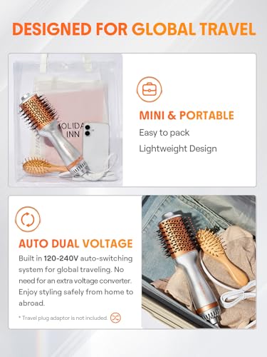 SHEGLAM Mini Travel Hair Dryer Brush - Dual Voltage 120V-240V, Anti-Frizz Styling