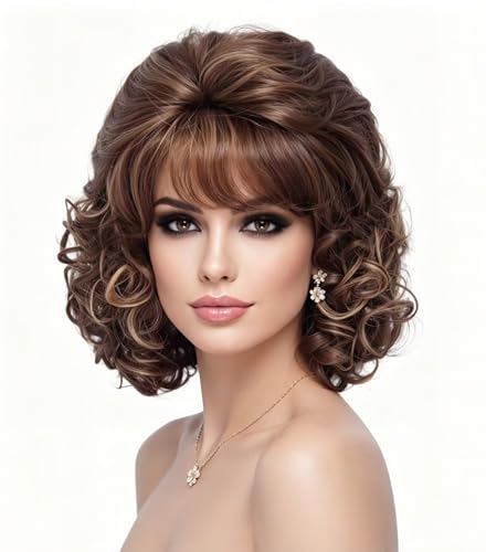 Brown Mixed Wavy Short Wig with Bangs for Women - Synthetic Cosplay & Daily Use