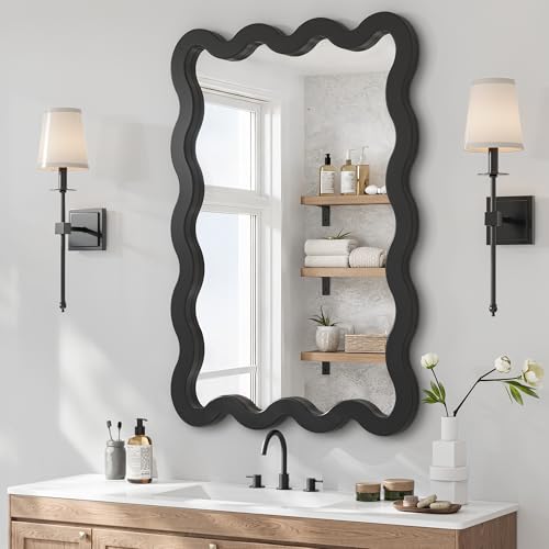 Matte Black Wavy Bathroom Wall Mirror 24x36 Solid Wood Frame - Vertical or Horizontal Mount