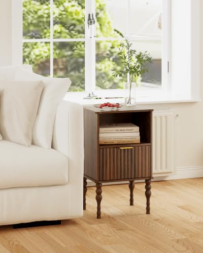 Walnut Small Wooden Nightstand with Drawer - Modern Fluted Design, Compact Bedroom Storage