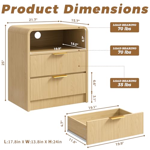 Large Modern Nightstand with 2 Drawers & Open Shelf - Oak Bedside Table