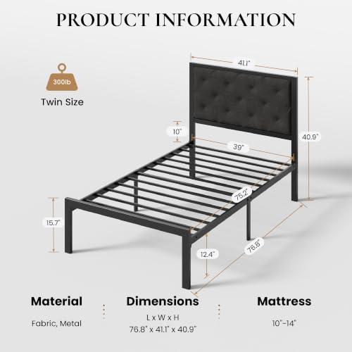 Twin Size Metal Bed Frame with Linen Tufted Headboard - Dark Gray - SHA CERLIN