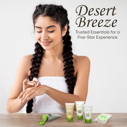Travel Size Hotel Toiletry Set 75 Count 1 oz Bottles Guest Amenities for Vacation Rentals and Short Term Rentals Paraben Free Green Tea Lemongrass Scent Infused with Aloe and Olive Oil | Desert Breeze