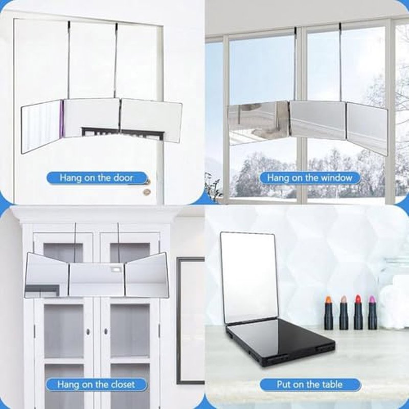 HIEEY 3 Way Mirror for Hair Cutting,360 Trifold Mirror with Height Adjustable Telescoping Hooks,and 5X Magnification,for Makeup, Hair Styling