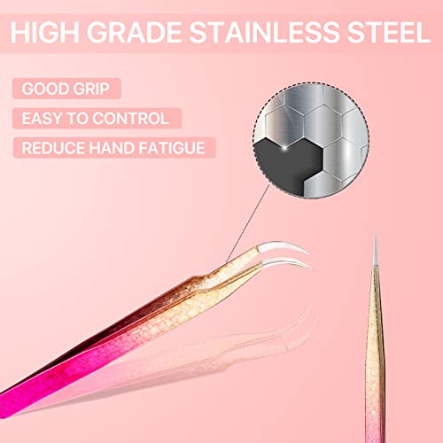Straight and Curved Pointed Tweezers for Eyelash Extension, 2 PCS Lash Tweezer Set, Stainless Steel Professional Eyelash Extension Tweezers for Volume, Isolation and Classic Lashes