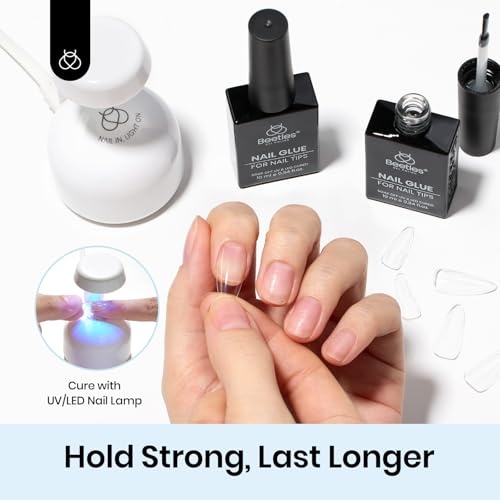 Beetles 9 in 1 Gel Nail Glue, 2pcs 10ml UV Nail Glue for Clear Nail Tips Acrylic Nails, Super Strong for False Nails, Base Coat, Rhinestones, Blooming Gel, Long Lasting 28+ Days, U V Light Required