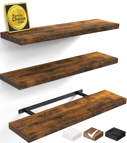 Rustic Brown Floating Shelves Set of 3 - 35.4-inch Wall Mount Wood Shelves - Americana Farmhouse Style
