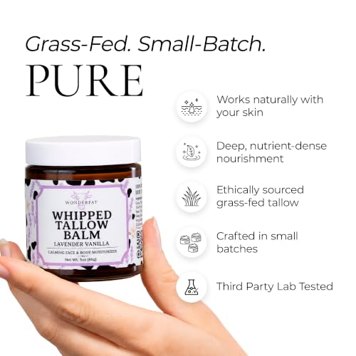 Lavender Vanilla Whipped Tallow Balm – Grass Fed Beef Face & Body Moisturizer, 3oz