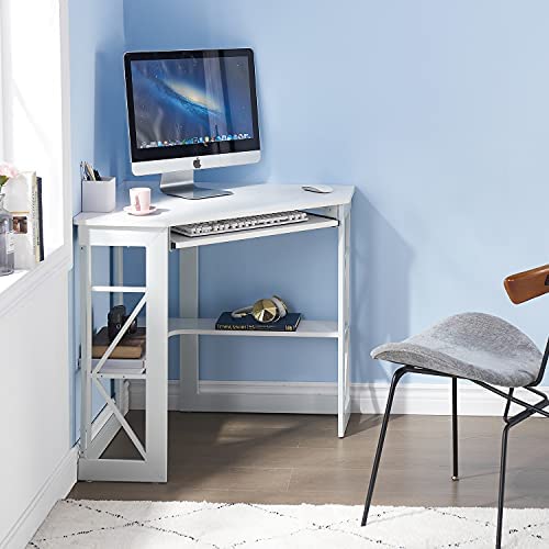 White Corner Desk with Keyboard Tray & Storage Shelves - Compact Triangle Office Table
