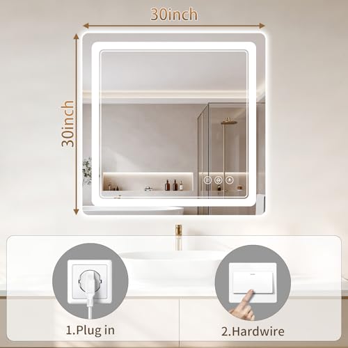 30x30 Inch LED Bathroom Mirror with Lights Anti-Fog Dimmable & Memory