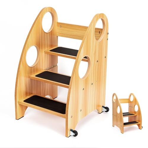 Wooden Toddler Step Stool with Non-Slip Steps & Safety Handles - Supports 350 lbs