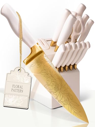 Gold and White Knife Set with Floral Pattern and Built-In Sharpener - 14-Piece with Knife Block (Off White Handle, Gold Blade & White Block)