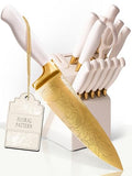 Gold and White Knife Set with Floral Pattern and Built-In Sharpener - 14-Piece with Knife Block (Off White Handle, Gold Blade & White Block)