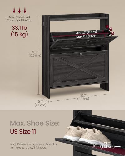 VASAGLE Narrow Shoe Storage Cabinet Organizer with 2 Flip Drawers - Smoky Black