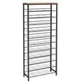 12-Tier Shoe Rack Organizer for Entryway - Large Capacity, Adjustable Mesh Shelves, Rustic Brown & Black