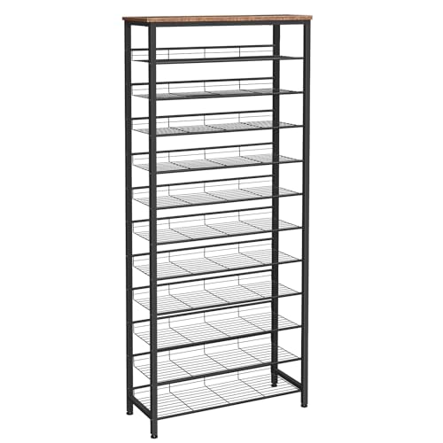 12-Tier Shoe Rack Organizer for Entryway - Large Capacity, Adjustable Mesh Shelves, Rustic Brown & Black