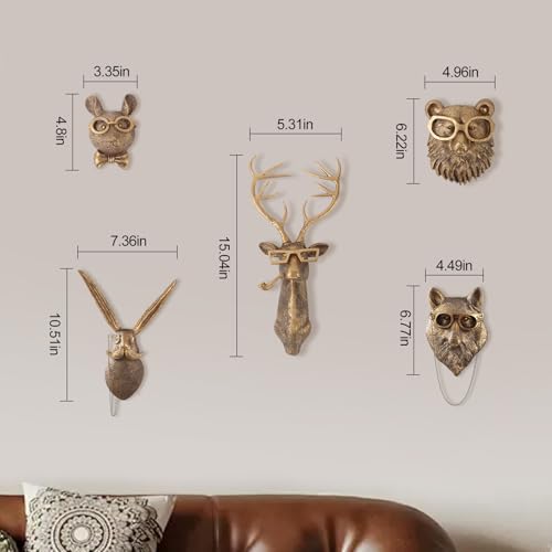 UITWMKTG 5 Pack Gold Animal Wall Decor Set - Deer, Rabbit, Mouse, Bear, Fox Wall Sculptures