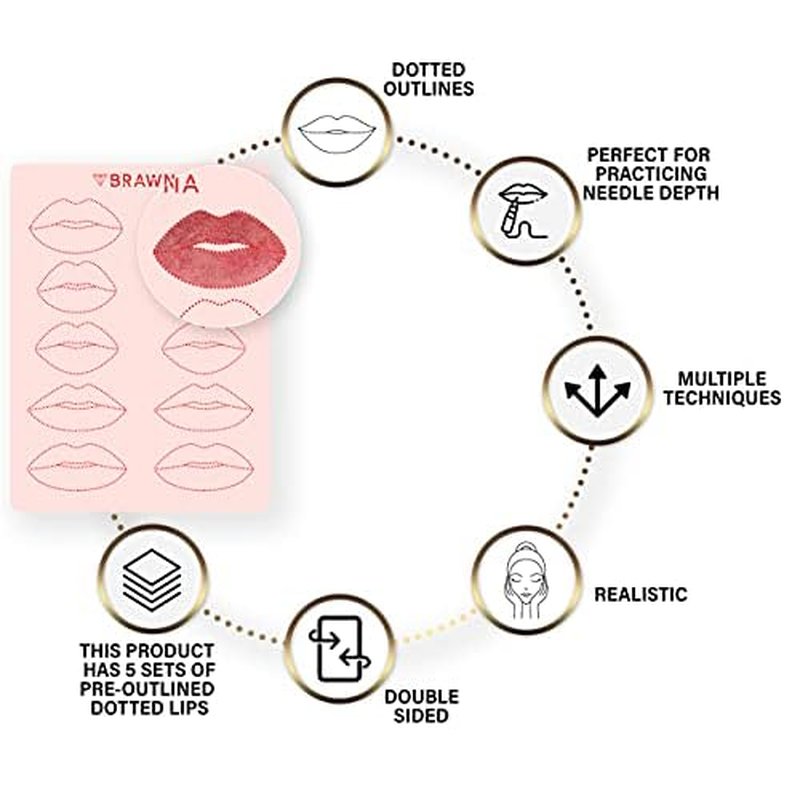 Brawna - 5 Pack Lip Blush Practice Skin for PMU Machine - Double Sided