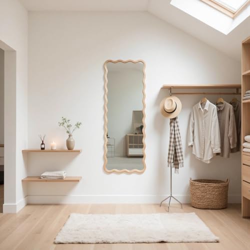 Tunjig 18x48 Inch Solid Wood Full Length Floor Mirror - Natural, Wavy Frame