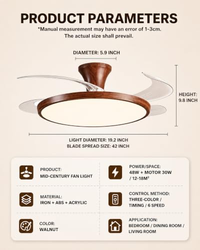 PixMove 42-Inch Retractable Ceiling Fan with Lights, Remote, 3-Color Temp, 6-Speed Silent Motor
