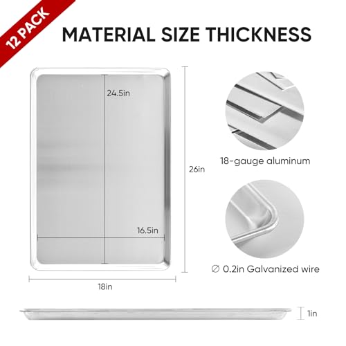 12 Pack Heavy Duty Aluminum Baking Sheet Trays 26 x 18 Inch Commercial Kitchen