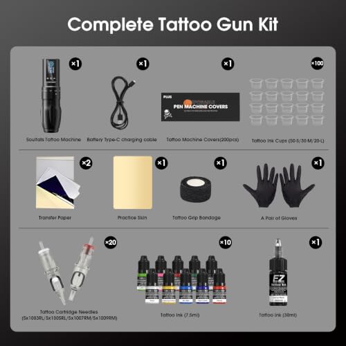 Wireless Tattoo Kit with Adjustable Gun, 20 Needles, 11 Inks & Power Supply