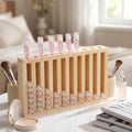 Wooden Lip Balm Display Rack - 10 Slot Lipstick Holder with Clear Card Slots - Variation: Wood Color / 10 Slots
