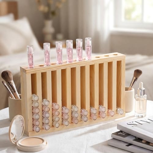 Wooden Lip Balm Display Rack - 10 Slot Lipstick Holder with Clear Card Slots - Variation: Wood Color / 10 Slots