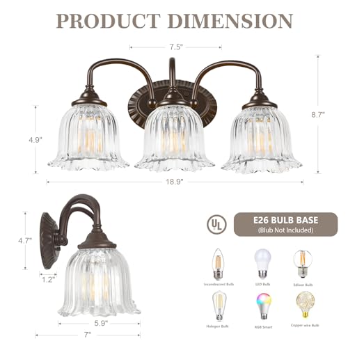 Oil Rubbed Bronze 3-Light Bathroom Vanity Light with Floral Glass Shades - Vintage Style